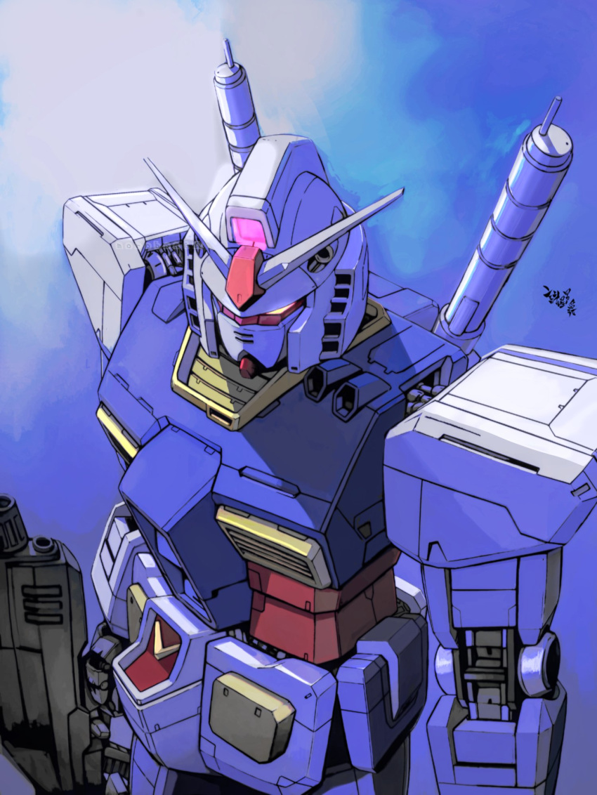 beam_rifle energy_gun gundam highres mecha mobile_suit mobile_suit_gundam moroboshi_danshaku no_humans robot rx-78-2 science_fiction v-fin weapon