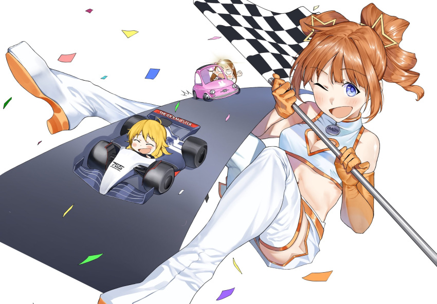 3girls blue_eyes blush boots breasts car checkered_flag cleavage_cutout clothing_cutout confetti crop_top elbow_gloves flag gloves hair_ornament heart_cutout highres holding holding_flag hoshii_miki idolmaster idolmaster_(classic) looking_at_viewer minase_iori mini_person minigirl miniskirt motor_vehicle multiple_girls navel one_eye_closed open_mouth orange_hair race_queen race_vehicle racecar saya_endo_(27) skirt small_breasts smile star_(symbol) star_hair_ornament takatsuki_yayoi thigh_boots twintails