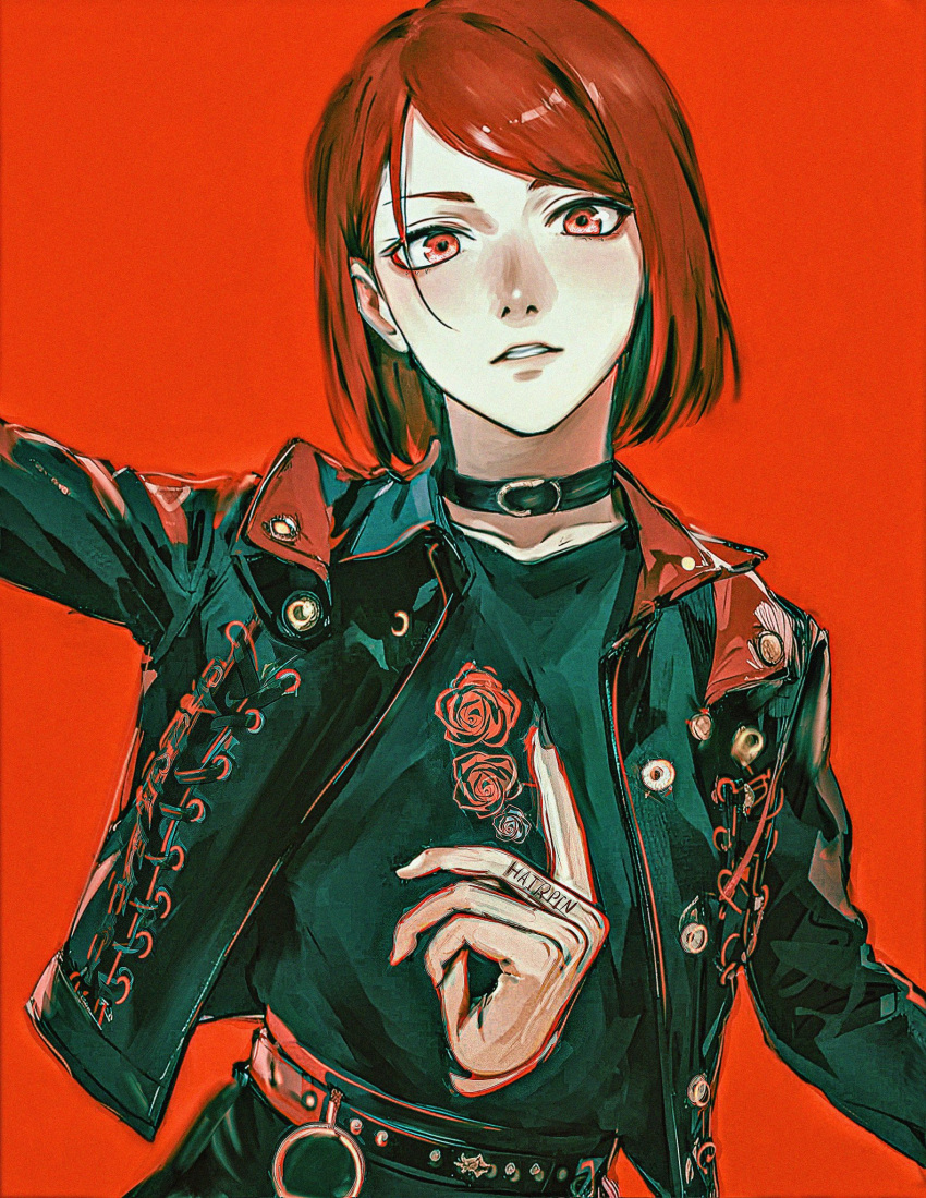 1girl belt belt_collar black_belt black_collar black_jacket black_pants black_shirt blush brown_hair collar goth_fashion hand_up highres jacket jujutsu_kaisen kugisaki_nobara leather leather_jacket looking_ahead open_clothes open_jacket pants parted_lips print_shirt red_background red_eyes shirt shirt_tucked_in si_(si12o2) simple_background solo teeth upper_body