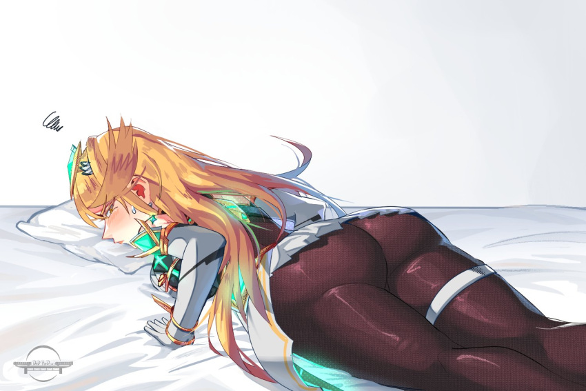 1girl artist_name ass ass_focus bare_shoulders bed black_pantyhose blonde_hair blush breasts commentary dedhed_art dress earrings elbow_gloves embarrassed gloves headpiece jewelry long_hair looking_at_viewer looking_back mythra_(massive_melee)_(xenoblade) mythra_(xenoblade) on_bed pantyhose solo swept_bangs thigh_strap tiara white_dress white_gloves xenoblade_chronicles_(series) xenoblade_chronicles_2 yellow_eyes