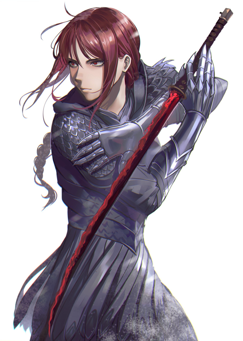 1girl absurdres armor braid braided_ponytail chromatic_aberration commentary elden_ring english_commentary gauntlets hanneli_(hanny) hanny_(uirusu_chan) highres holding holding_sword holding_weapon katana long_hair looking_to_the_side red_eyes red_hair serious simple_background solo sword tarnished_(elden_ring) weapon white_background