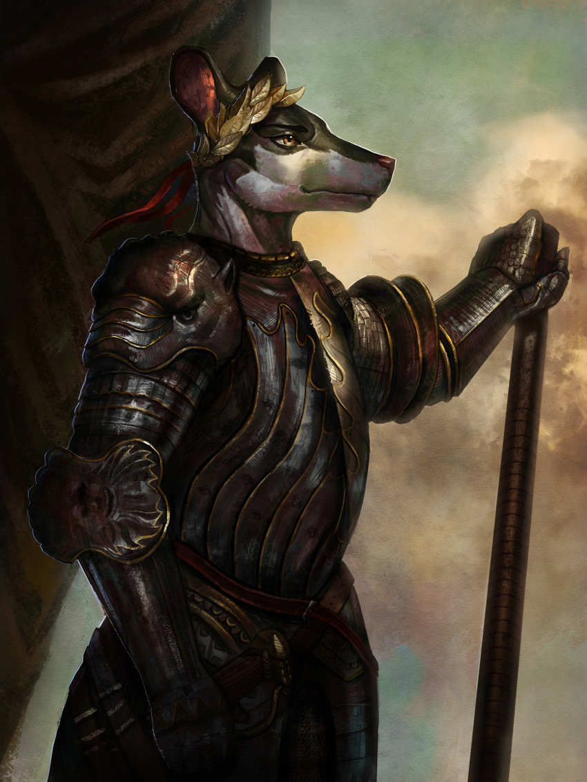 amber_eyes anthro armor belt day detailed detailed_background dexxler drapes fur grey_body grey_fur hi_res holding_object inspired_by_formal_art male mammal melee_weapon murid murine philomaeus plate_armor portrait pose rat rodent side_view sky solo staff standing sword three-quarter_portrait weapon white_body white_fur wreath