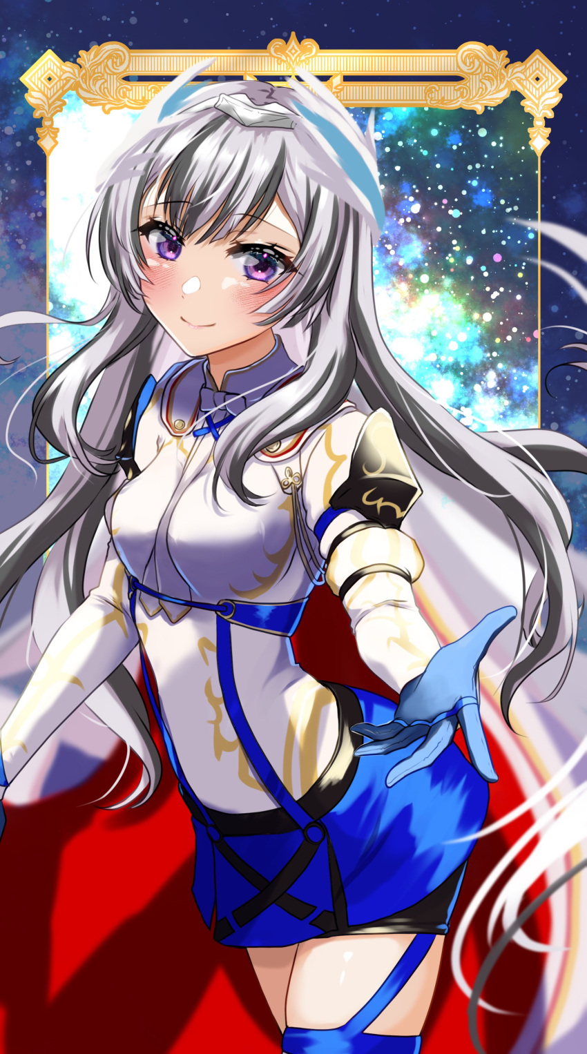 1girl absurdres alear_(female)_(fire_emblem) alear_(female)_(fire_emblem)_(cosplay) alear_(fire_emblem) armor ascot black_hair blue_gloves blue_skirt blush breasts collar cosplay costume_switch feather_hair_ornament feathered_wings feathers fire_emblem fire_emblem_engage gloves hair_ornament highres long_hair long_sleeves looking_at_viewer mu_tu_bu multicolored_hair outstretched_hand pantyhose petite purple_eyes ribbon skirt sky small_breasts smile solo solo_focus star_(sky) starry_background starry_sky two-tone_hair very_long_hair veyle_(fire_emblem) white_armor white_ascot white_hair white_ribbon wings
