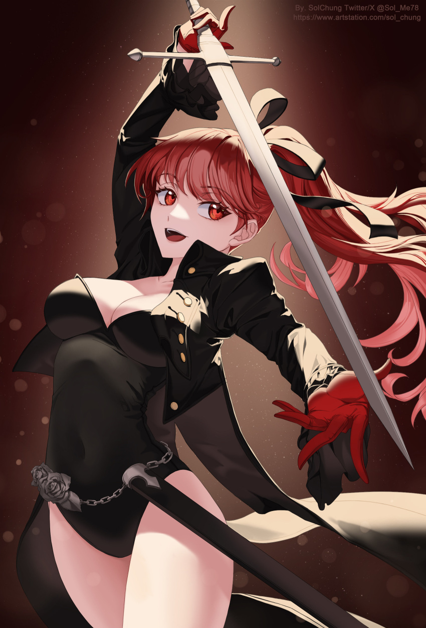 1girl absurdres black_jacket black_leotard breasts cleavage gloves hair_ribbon highres holding holding_sword holding_weapon jacket leotard long_hair long_sleeves looking_at_viewer medium_breasts open_mouth persona persona_5 persona_5_the_royal ponytail rapier red_eyes red_gloves red_hair ribbon smile solchung solo sword teeth thighs upper_teeth_only weapon yoshizawa_kasumi