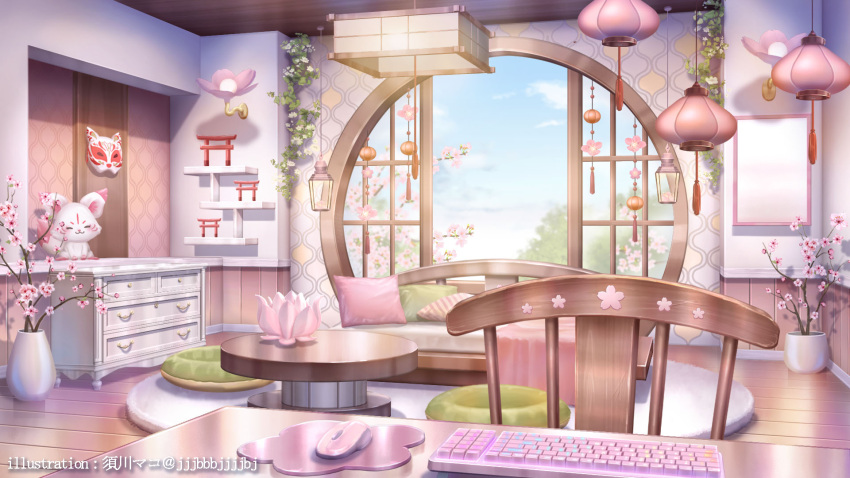 architecture artist_name branch cherry_blossoms cloud couch cushion day drawer east_asian_architecture flower fox_mask highres indie_virtual_youtuber indoors kagura_ura keyboard_(computer) lamp lantern mask mirror mouse_(computer) mousepad_(object) no_humans official_art open_window paper_lantern pink_flower plant potted_plant round_window rug scenery shelf shouji sliding_doors stuffed_fox sugawa_mako table tassel themed_object torii unworn_mask vase vines wall_lamp window wooden_chair wooden_floor