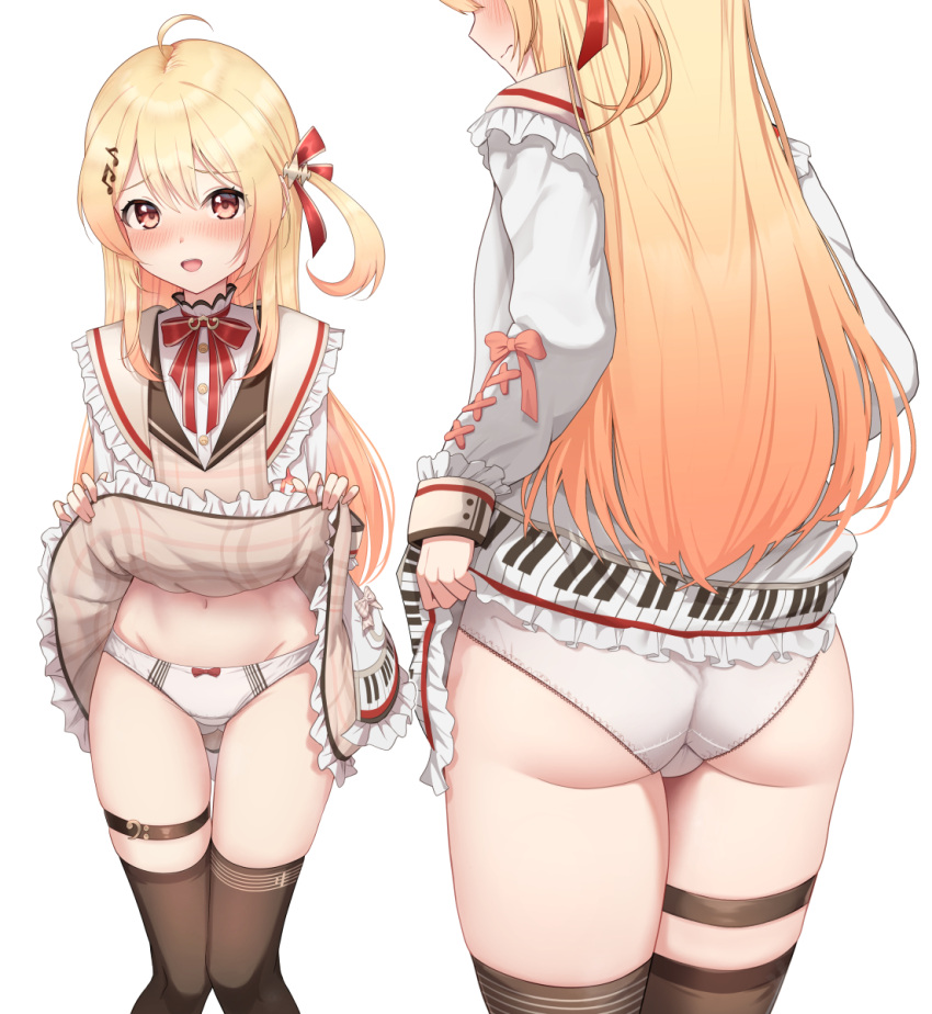 1girl ahoge ass black_thighhighs blonde_hair blush bow bow_panties clothes_lift dress eighth_note frilled_dress frills hair_bow hair_ornament highres hololive kamuchin_soda lifted_by_self long_hair multiple_views musical_note musical_note_hair_ornament open_mouth otonose_kanade panties plaid plaid_dress red_bow red_eyes skirt skirt_lift solo straight_hair thigh_strap thighhighs thighs underwear virtual_youtuber white_panties