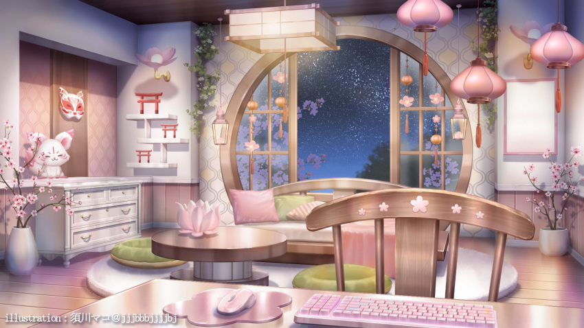 architecture artist_name branch cherry_blossoms couch cushion drawer east_asian_architecture flower fox_mask highres indie_virtual_youtuber indoors kagura_ura keyboard_(computer) lamp lantern mask mirror mouse_(computer) mousepad_(object) night no_humans official_art open_window paper_lantern pink_flower plant potted_plant round_window rug scenery shelf shouji sky sliding_doors star_(sky) starry_sky stuffed_fox sugawa_mako table tassel themed_object torii unworn_mask vase vines wall_lamp window wooden_chair wooden_floor