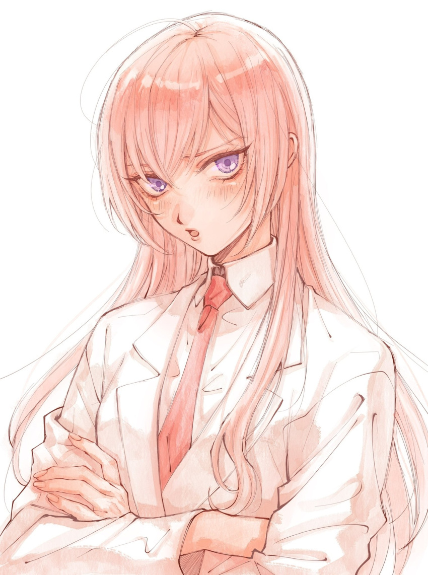 1girl blush collared_shirt crossed_arms highres lab_coat long_hair looking_at_viewer makise_kurisu matsuko_(mrimri3) necktie open_mouth pink_hair purple_eyes red_necktie shirt simple_background solo steins;gate upper_body white_background white_shirt