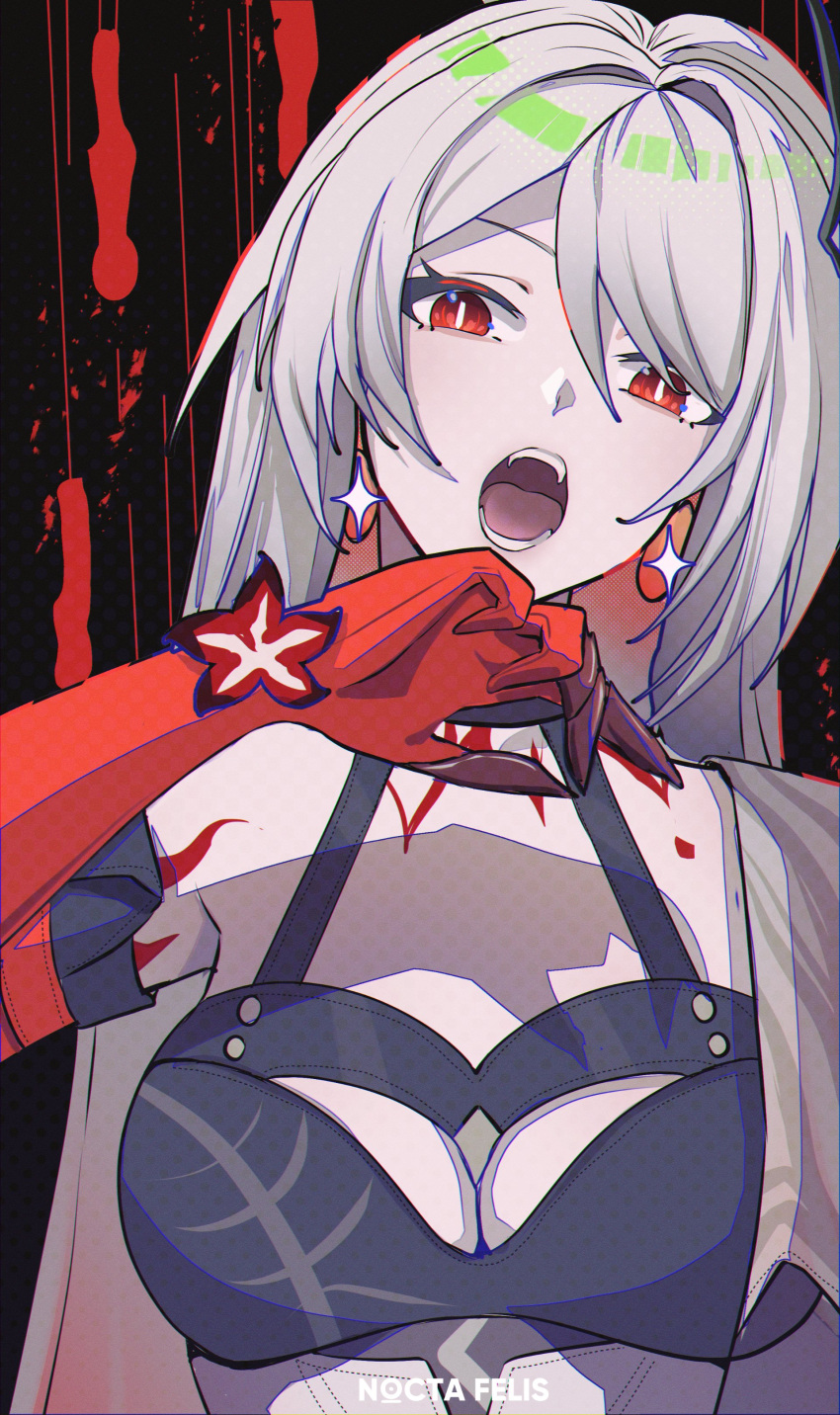 1girl absurdres acheron_(honkai:_star_rail) artist_name breasts cleavage commentary fangs grey_hair halterneck highres honkai:_star_rail honkai_(series) long_hair looking_at_viewer nocta_felis official_alternate_color open_mouth red_eyes single_bare_shoulder solo upper_body very_long_hair