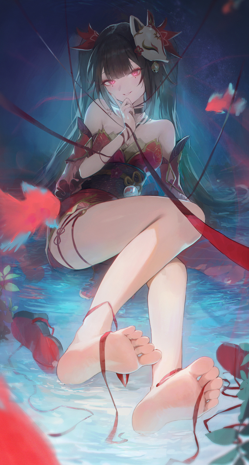 1girl absurdres bare_legs bare_shoulders barefoot black_choker black_hair black_sash choker commentary detached_sleeves dress feet fox_mask grin highres honkai:_star_rail honkai_(series) legs long_hair looking_at_viewer mask mask_on_head obi okobo parted_lips pink_eyes red_dress revision sandals sash short_sleeves sitting smile soles solo sparkle_(honkai:_star_rail) thighs toes twintails very_long_hair yonesdraws