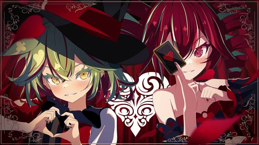 2girls black_hat black_nails black_sleeves card club_(shape) commentary_request crossed_bangs curtains detached_sleeves diamond_(shape) drill_hair envy_baby_(vocaloid) green_hair grey_hair grin hair_between_eyes hat heart heart_hands heart_print highres holding holding_card kasane_teto long_bangs looking_at_viewer medium_hair multicolored_hair multiple_girls neutrino_(software) one_eye_covered red_eyes red_hair red_shirt ribbon-trimmed_sleeves ribbon_trim rokurororo2511 shirt smile spade_(shape) streaked_hair synthesizer_v top_hat twin_drills two-tone_hair upper_body utau vocaloid voiceroid voicevox yellow_eyes zundamon