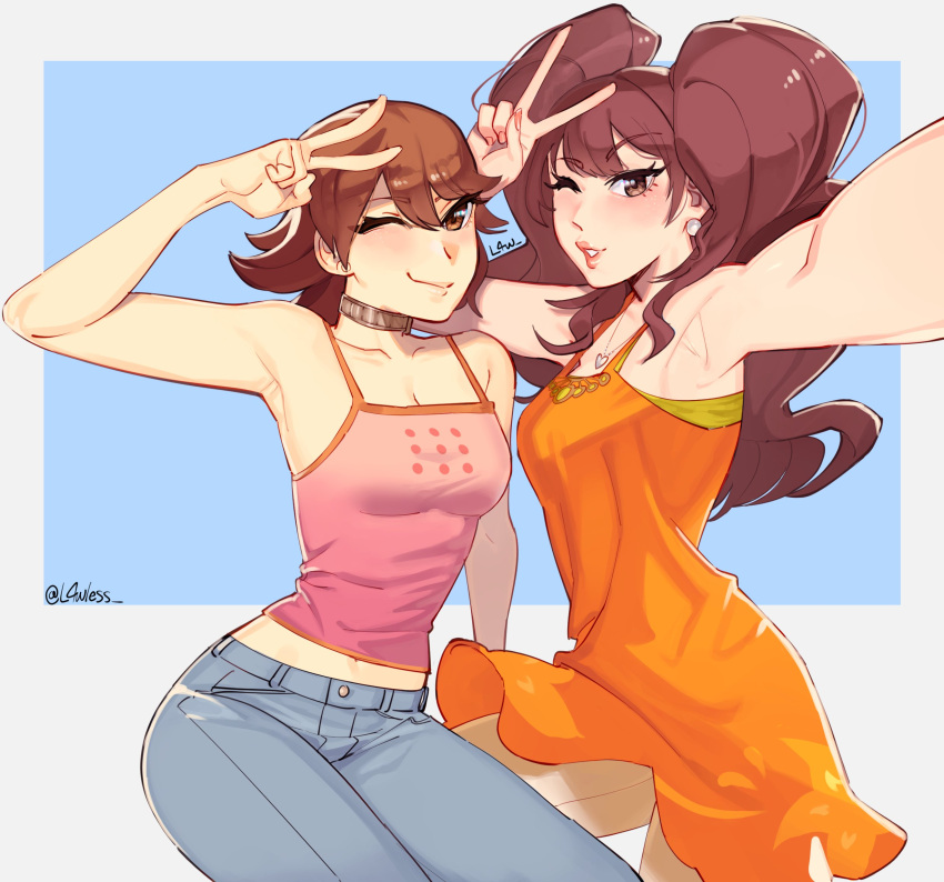2girls armpits bare_shoulders blush brown_eyes brown_hair camisole choker closed_mouth collarbone commission cowboy_shot denim dress earrings hair_between_eyes hand_up heart heart_necklace highres in-franchise_crossover jeans jewelry kujikawa_rise l4wless lips long_hair looking_at_viewer midriff_peek multiple_girls necklace official_alternate_costume one_eye_closed orange_dress pants parted_lips persona persona_3 persona_4 pink_camisole pink_nails selfie short_hair sleeveless sleeveless_dress smile takeba_yukari twintails twitter_username v