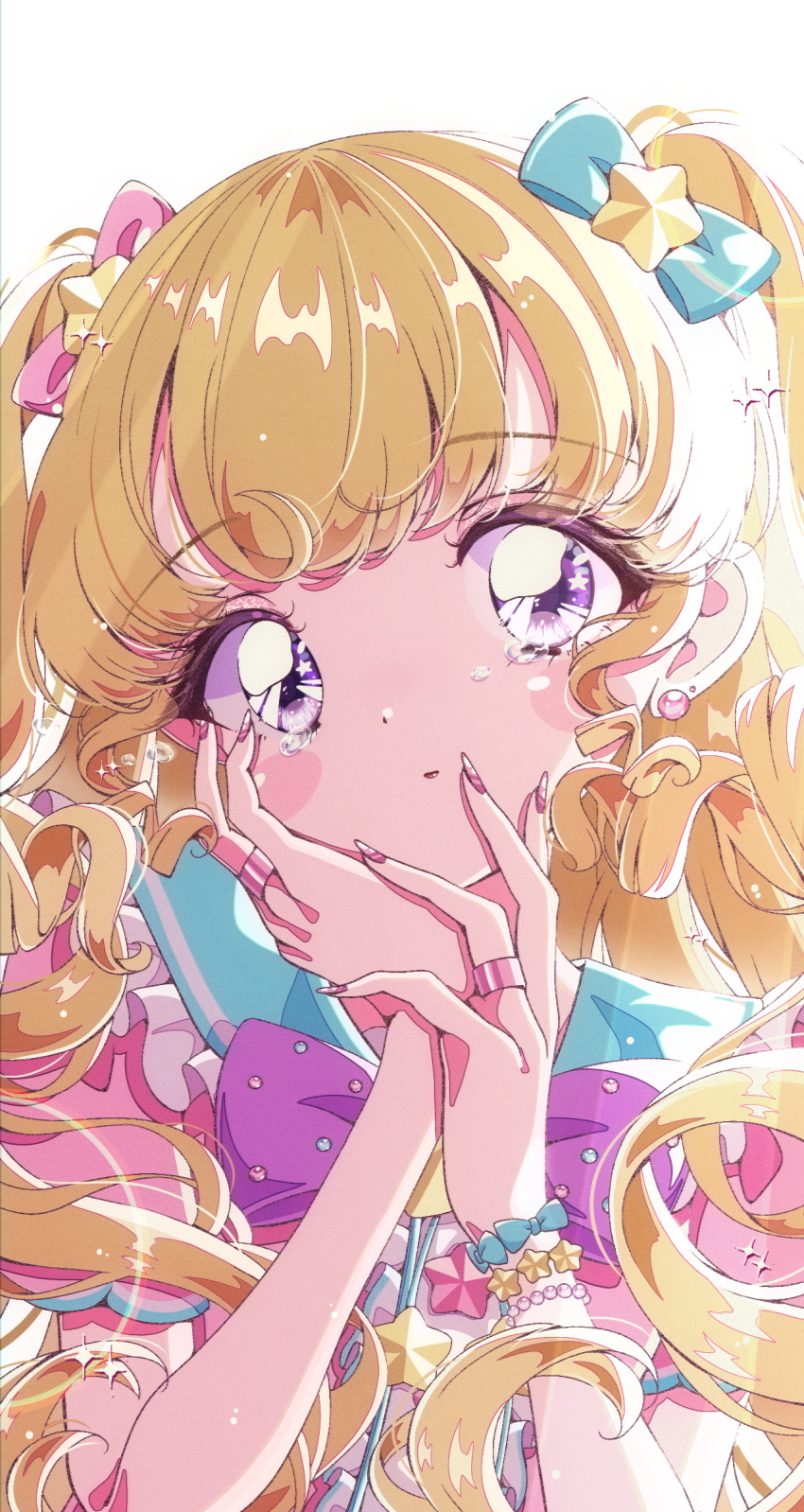 1girl blonde_hair blue_bow blush bow bracelet closed_mouth commentary_request hair_ornament hand_on_own_cheek hand_on_own_face hands_up highres idol_time_pripara jewelry long_hair looking_at_viewer milon_cas pink_bow pretty_series pripara purple_eyes retro_artstyle ring ringlets simple_background solo star_(symbol) star_hair_ornament tearing_up tears two_side_up upper_body white_background yumekawa_yui