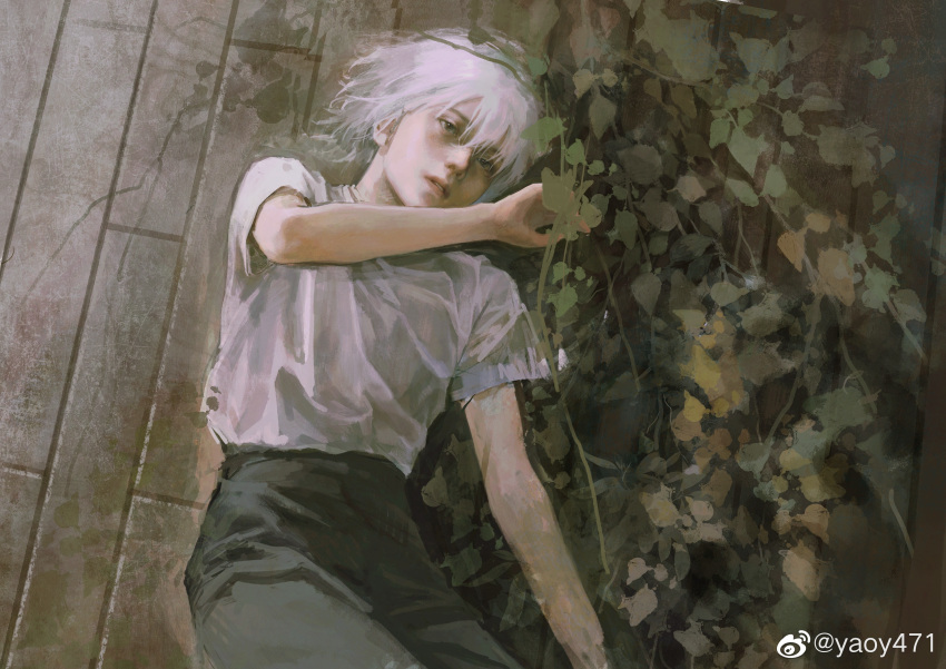 1boy absurdres androgynous bare_arms black_pants faux_traditional_media hand_up highres leaf looking_at_viewer lying male_focus on_back original pants parted_lips plant realistic shirt shirt_tucked_in short_hair solo stone_floor vines weibo_logo weibo_username wet wet_clothes wet_shirt white_hair white_shirt yaoy