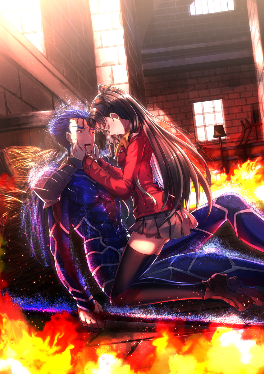 1girl armor black_hair black_legwear blood blood_from_mouth blue_hair closed_eyes fate/stay_night fate_(series) fire gae_bolg highres kneeling lancer long_legs long_sleeves polearm sitting spear swordsouls thighhighs toosaka_rin twintails weapon