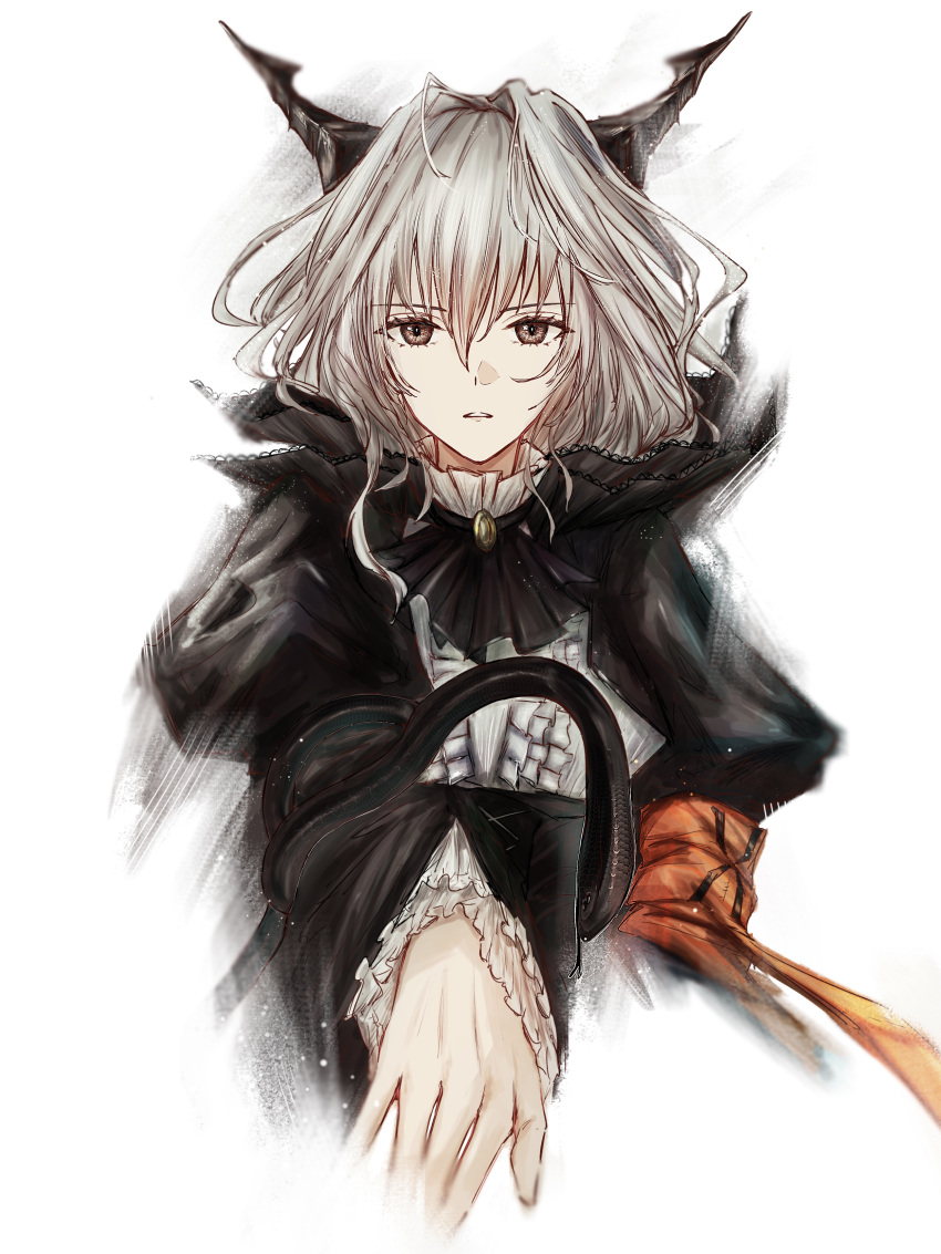 1girl absurdres arknights armband ascot black_ascot black_horns black_jacket black_snake brown_eyes center_frills cheddar_n commentary_request cropped_torso fading frilled_sleeves frills grey_hair hair_between_eyes highres horns jacket long_sleeves looking_at_viewer medium_hair orange_armband parted_lips reunion_logo_(arknights) shirt snake solo talulah_(arknights) white_background white_shirt