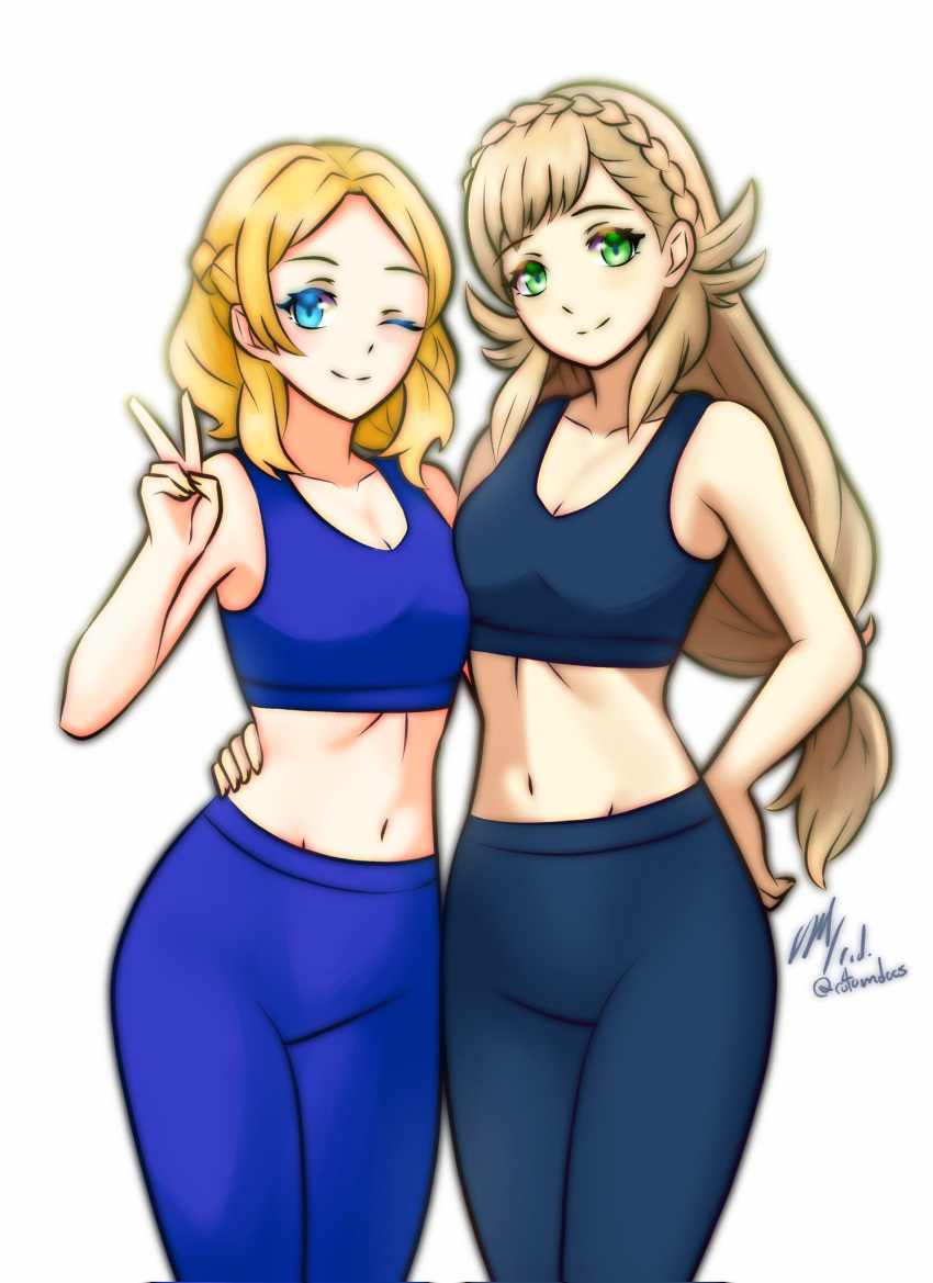 2girls bare_shoulders blonde_hair blue_eyes blue_sports_bra commission fire_emblem fire_emblem_heroes fire_emblem_warriors green_eyes highres lianna_(fire_emblem) multiple_girls navel pants rotomdocs sharena_(fire_emblem) sports_bra v yoga_pants