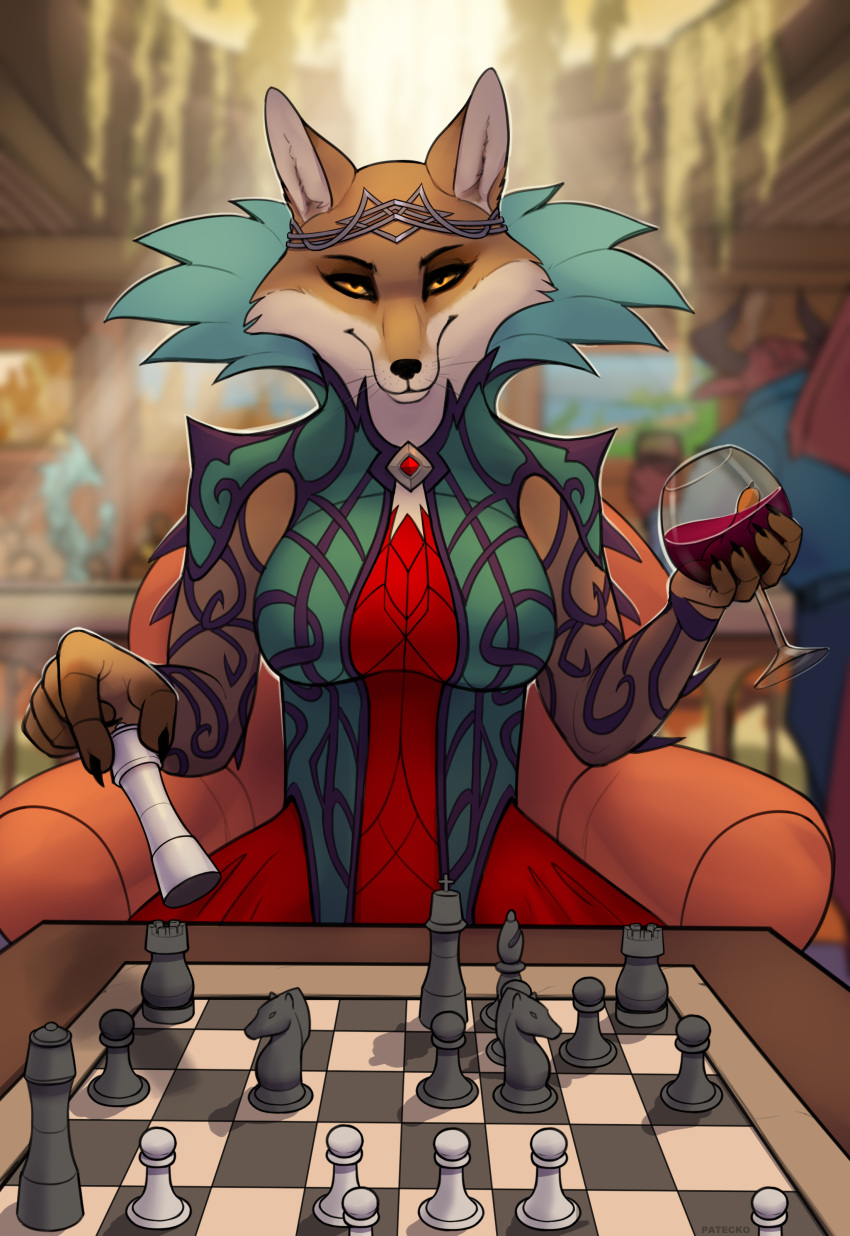 absurd_res alcohol ambiguous_gender anthro arcanaloth_(dnd) beverage blurred_background board_game breasts canid canine casino chair chess chess_board chess_piece clawed_fingers claws clothed clothing container crown cup demon digital_drawing_(artwork) digital_media_(artwork) drinking_glass dungeons_and_dragons duo eye_contact eyebrows eyelashes female female_focus finger_claws first_person_view fox front_view fully_clothed fur furniture glass glass_container glass_cup hasbro headgear hi_res holding_beverage holding_object horn humanoid inside looking_at_another looking_at_viewer mammal medium_breasts orange_body orange_fur patecko planescape_(franchise) red_fox shemeshka_the_marauder_(planescape) sitting smile smirk solo_focus table tiara true_fox wine wine_glass wings wizards_of_the_coast yellow_eyes yugoloth