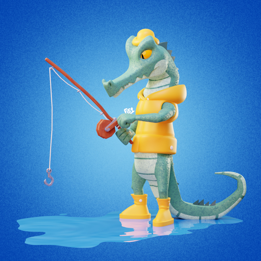 2023 3d_(artwork) 5:4 absurd_res alligator alligatorid anthro blender_(software) blender_cycles blue_background boots clothed clothing coat colored crocodilian digital_media_(artwork) featureless_crotch fishing fishing_rod footwear framed51 glistening green_body green_scales hat headgear headwear hi_res holding_fishing_rod holding_object long_snout looking_down male multicolored_body multicolored_scales nostrills pantsless puddle pupils rainboots raincoat reflection reptile scales scalie shaded signature simple_background sleeveless_jacket slit_pupils snout solo spiked_tail spikes spikes_(anatomy) standing tail toony topwear two_tone_body two_tone_scales water water_reflection white_body white_scales yellow_boots yellow_clothing yellow_footwear yellow_hat yellow_headwear yellow_sclera