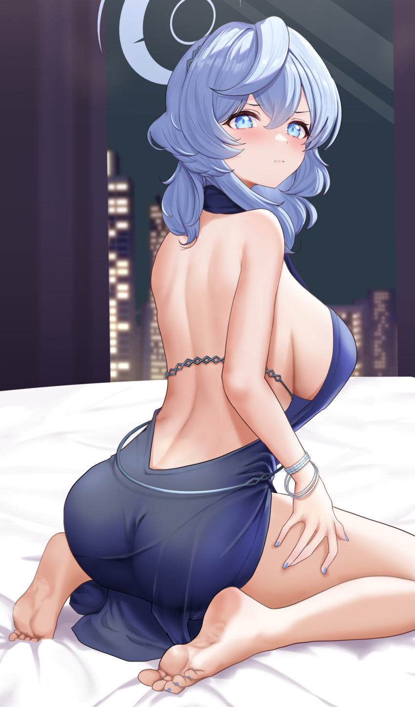 1girl absurdres ako_(blue_archive) ako_(dress)_(blue_archive) backless_dress backless_outfit bare_back bare_legs barefoot blue_archive blue_dress blue_eyes blue_hair blue_hairband blue_halo blue_nails blush bracelet breasts cityscape commentary curtains dot_nose dress hair_between_eyes hairband halo hand_on_own_thigh hidis0086 highres indoors jewelry large_breasts light_frown long_hair looking_at_viewer looking_back night night_sky official_alternate_costume on_bed revealing_clothes sideboob sidelocks sitting sky wariza wavy_hair window