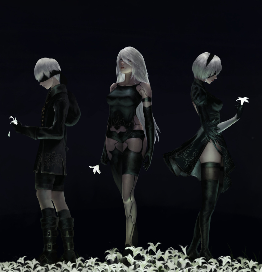1boy 2b_(nier:automata) 2girls 9s_(nier:automata) a2_(nier:automata) android bare_shoulders black_background black_blindfold black_dress black_gloves black_hairband blindfold blue_eyes breasts clothing_cutout commentary covered_eyes dress elbow_gloves english_commentary flower gloves hairband highres holding holding_flower joints juliet_sleeves large_breasts long_hair long_sleeves looking_up multiple_girls nier:automata nier_(series) petals puffy_sleeves robot_joints short_hair shorts simple_background thighhighs viet_le_quoc white_flower white_hair