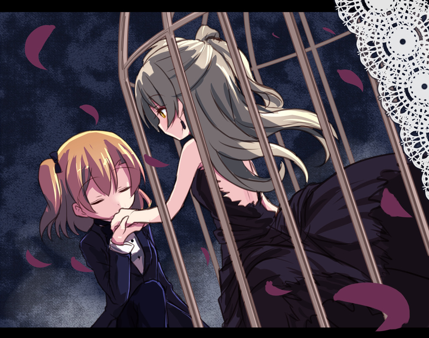 backless_dress backless_outfit birdcage black_dress bow brown_eyes brown_hair cage closed_eyes commentary dress earrings formal grey_hair hair_bow half_updo hand_kiss in_cage jewelry kiss kneeling kousaka_honoka letterboxed love_live! love_live!_school_idol_project minami_kotori multiple_girls one_side_up petals shipii_(jigglypuff) suit yuri