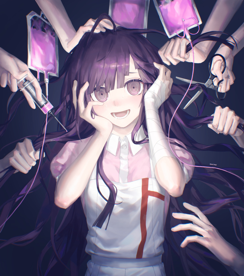 1girl :d absurdres apron bandaged_arm bandages black_hair blood blood_bag blush breasts cutting_hair danganronpa_(series) danganronpa_2:_goodbye_despair highres holding holding_syringe lazuriteammonia long_hair looking_at_viewer lower_teeth_only medium_breasts mole mole_under_eye open_mouth pink_blood pink_shirt puffy_short_sleeves puffy_sleeves purple_hair scissors shirt short_sleeves smile solo_focus syringe teeth tongue tsumiki_mikan