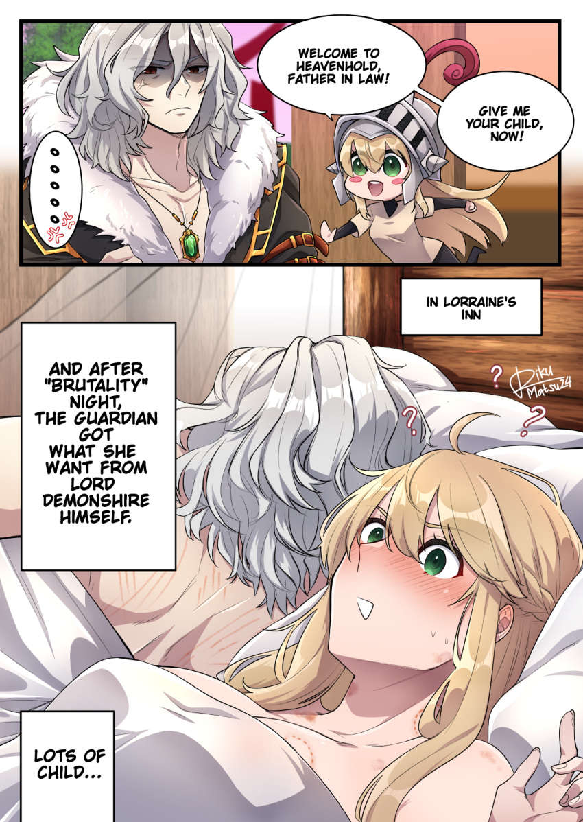 1boy 1girl ? ahoge anger_vein bed_sheet bite_mark blonde_hair blush breasts character_request clothed_after_sex english_commentary english_text green_eyes guardian_tales hair_between_eyes helmet hetero hickey highres implied_after_sex large_breasts long_hair lying naked_sheet rikumats speech_bubble under_covers white_hair