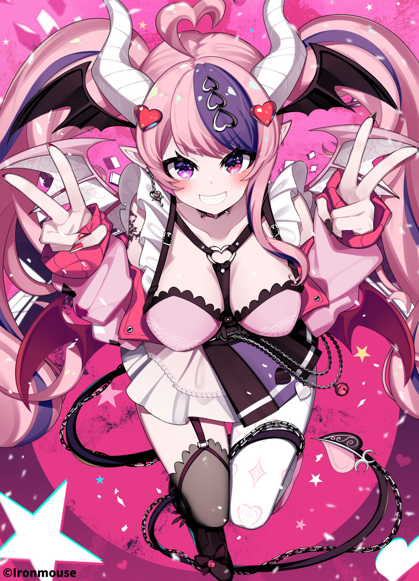1girl absurdres ahoge akagi_(sk0127aho) black_nails black_skirt black_thighhighs blush breasts choker cleavage demon_girl demon_horns demon_wings double_v earrings hair_ornament head_wings heart heart_ahoge heart_choker heart_earrings heart_hair_ornament heart_o-ring heterochromia highres horns ironmouse ironmouse_(13th_costume) jewelry large_breasts long_hair looking_at_viewer multicolored_clothes multicolored_skirt nail_polish o-ring o-ring_choker pink_hair pink_shirt pointy_ears purple_eyes purple_hair red_choker red_eyes red_nails shirt single_earring skirt smile solo spiked_choker spikes thighhighs twintails v virtual_youtuber vshojo white_skirt white_thighhighs wings