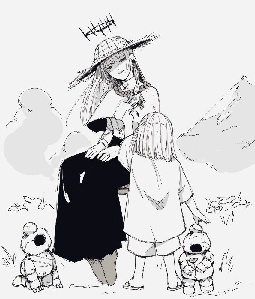 1girl absurdres black_halo black_skirt blonde_hair cabirol_16_(choujin_x) child choujin_x crown_of_thorns facial_tattoo field flower giving_flower golem halo hat highres holding holding_flower long_skirt monochrome oa_lien outdoors shiruha_sora_(choujin_x) sketch skirt smile straw_hat tattoo