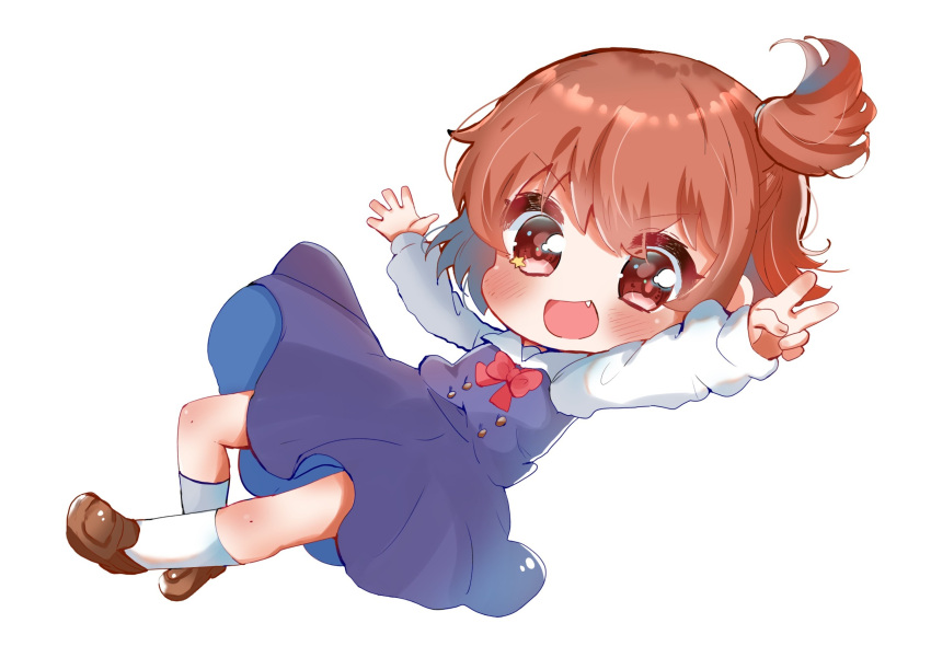 1girl blue_dress bow brown_eyes brown_footwear brown_hair chest_bow chibi chibi_only child commentary_request dress fang highres hoshino_hinata kneehighs long_sleeves one_side_up open_mouth red_bow school_uniform simple_background socks solo v watashi_ni_tenshi_ga_maiorita! white_background white_sleeves white_socks xhfn4743