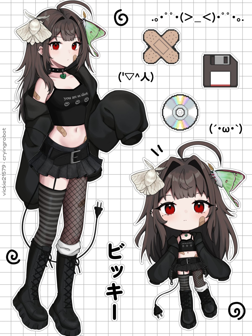 1girl ahoge artist_name asymmetrical_legwear bandaid bandaid_on_arm bandaid_on_cheek bandaid_on_face belt belt_buckle black_belt black_choker black_footwear black_jacket black_shirt black_skirt boots breasts brown_hair buckle bug cable cable_tail cd chibi choker closed_mouth clothes_writing computer_virus cropped_shirt cross-laced_footwear crossed_bandaids ear_piercing electric_plug electric_plug_tail floppy_disk full_body garter_straps grey_thighhighs grid_background hair_intakes heart heart_choker highres jacket kaomoji knee_boots lace-up_boots long_hair long_sleeves looking_at_viewer luna_moth mechanical_tail midriff miniskirt mismatched_legwear mole mole_under_eye moth multiple_views navel open_clothes open_jacket original outline piercing pleated_skirt print_shirt red_eyes ringed_eyes shirt silk_moth single_leg_pantyhose single_off_shoulder single_thighhigh skirt sleeveless sleeveless_shirt sleeves_past_fingers sleeves_past_wrists small_breasts spaghetti_strap spiked_choker spikes standing sticker striped_clothes striped_thighhighs tail thighhighs twitter_username vickie_(cryingrobot) vickie_(cryingrobot)_(character) white_background white_outline