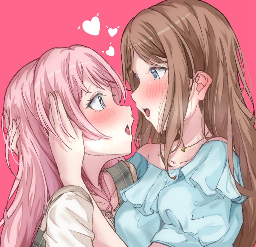 2girls after_kiss bang_dream! bang_dream!_it's_mygo!!!!! blue_dress blue_eyes blush brown_hair chihaya_anon commentary dress extreme_yuri_buta eye_contact grey_eyes hands_on_another's_head heart highres hug jewelry long_hair looking_at_another multiple_girls nagasaki_soyo necklace off-shoulder_dress off_shoulder open_mouth pink_background pink_hair saliva saliva_trail simple_background star_(symbol) star_necklace tongue upper_body yuri