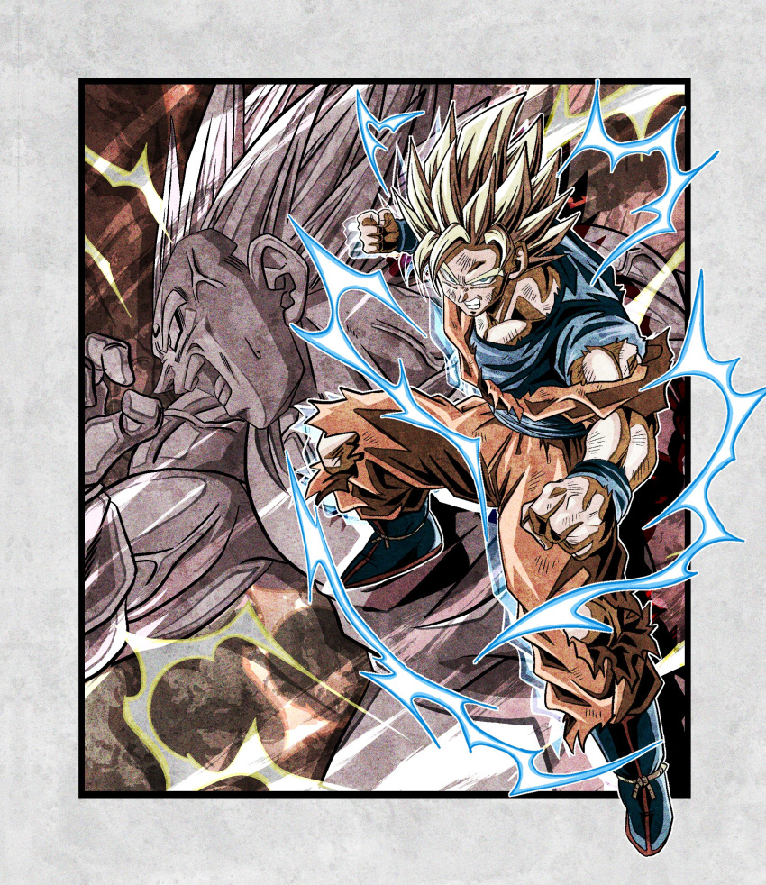 2boys absurdres blonde_hair blue_footwear blue_sash blue_shirt boots clenched_hand clenched_teeth dougi dragon_ball dragon_ball_z electricity facial_mark fighting_stance forehead_mark highres majin_vegeta multiple_boys muscular muscular_male orange_pants orange_shirt pants sash shirt son_goku spiked_hair super_saiyan super_saiyan_2 teeth torn_clothes torn_pants torn_shirt ushi_(akabec0) vegeta