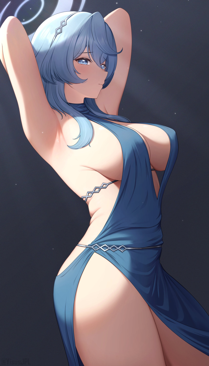 1girl absurdres ako_(blue_archive) ako_(dress)_(blue_archive) armpits arms_behind_head arms_up backless_dress backless_outfit bare_shoulders blue_archive blue_dress blue_eyes blue_hair blue_halo blush breasts cleavage dress hair_between_eyes hairband halo highres large_breasts long_hair looking_at_viewer official_alternate_costume plunging_neckline sideboob sideless_dress simple_background sleeveless sleeveless_dress solo thighs twitter_username two-tone_halo underboob yisusjpl