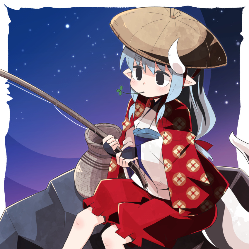 1girl ajirogasa black_eyes blue_hair blue_sash commentary_request dragon_girl dragon_horns dragon_tail feet_out_of_frame fingerless_gloves fishing fishing_rod gloves hair_ribbon haori hat highres holding holding_fishing_rod horns jacket japanese_clothes jar kimono light_blush long_sleeves mouth_hold night night_sky obi original parted_lips pointy_ears red_jacket red_shorts ribbon rock sash shorts sitting sitting_on_rock sky solo stalk_in_mouth star_(sky) tail white_kimono white_tail wide_sleeves yukinagi