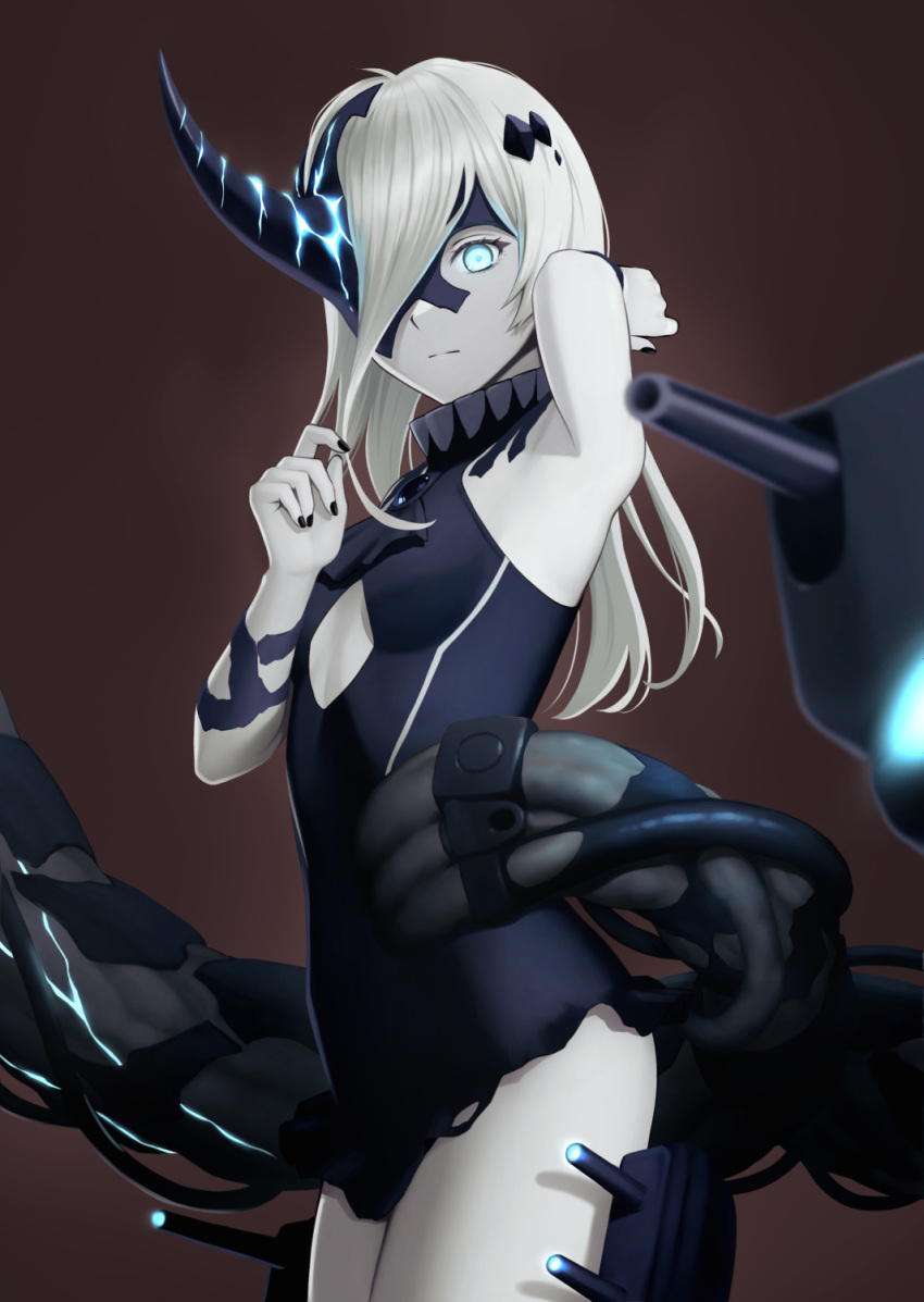 1girl abyssal_ship arm_up black_dress black_nails black_one-piece_swimsuit blue_eyes breasts brown_background closed_mouth dress glowing glowing_eye grey_hair hair_between_eyes highres horns kantai_collection long_hair looking_at_viewer nail_polish ne-class_heavy_cruiser one-piece_swimsuit pale_skin porupurucha simple_background single_horn sleeveless small_breasts solo swimsuit turret