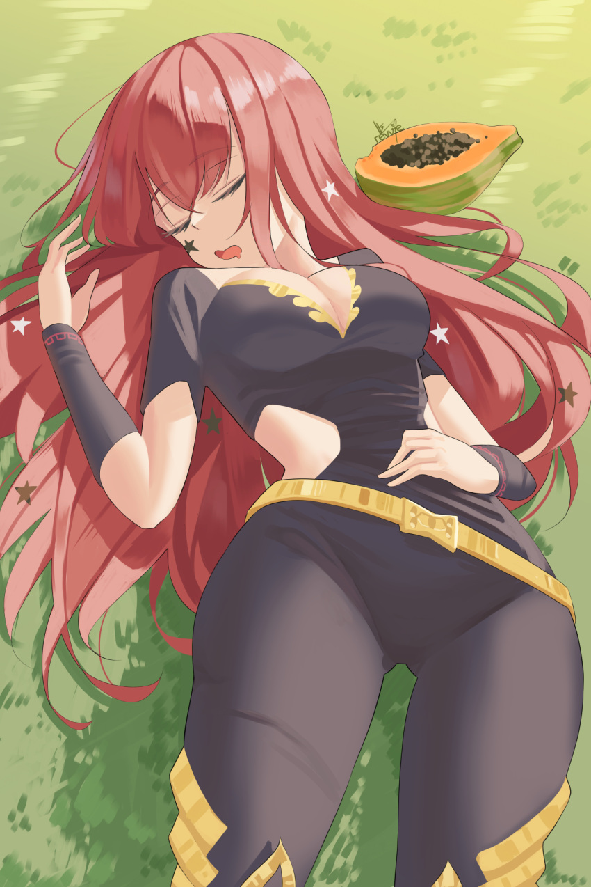 1girl breasts closed_eyes fire_emblem fire_emblem_engage highres long_hair lying medium_breasts on_back on_grass open_mouth outdoors papaya red_hair revvie sleeping solo yunaka_(fire_emblem)