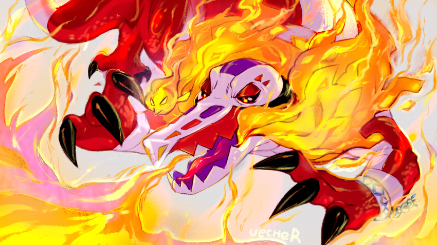 claws fire generation_9_pokemon hi_res nintendo pokemon pokemon_(species) red_body skeledirge solo vecher