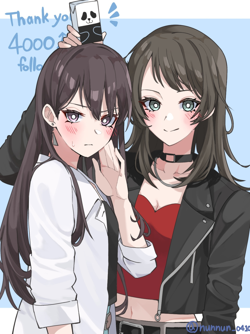 2girls bang_dream! bang_dream!_it's_mygo!!!!! black_choker black_jacket black_shirt blue_background blush border breasts bright_pupils brown_hair choker cleavage closed_mouth commentary_request earrings highres jacket jewelry juice_box long_hair long_sleeves multiple_girls nanami_(nunnun_0410) navel notice_lines object_on_head open_clothes open_shirt purple_eyes red_shirt shiina_taki shirt simple_background smile sweatdrop thank_you twitter_username white_border white_pupils white_shirt yahata_umiri