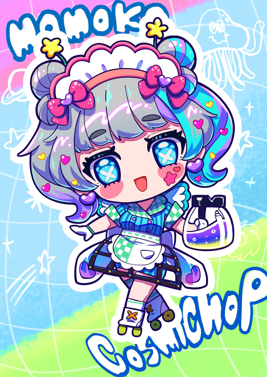 1girl :d absurdres apron blue_dress blue_eyes blue_hair character_name chibi commentary_request denonbu double_bun dress earrings full_body gloves grey_hair hair_bun heart highres jewelry long_hair looking_at_viewer maid_headdress multicolored_hair official_art open_mouth outline purple_hair roller_skates second-party_source shoji_momoko short_sleeves skates smile smile_base_cafe solo standing star_(symbol) streaked_hair symbol-shaped_pupils twintails waist_apron waitress wanowanoji67 white_apron white_gloves white_outline x-shaped_pupils