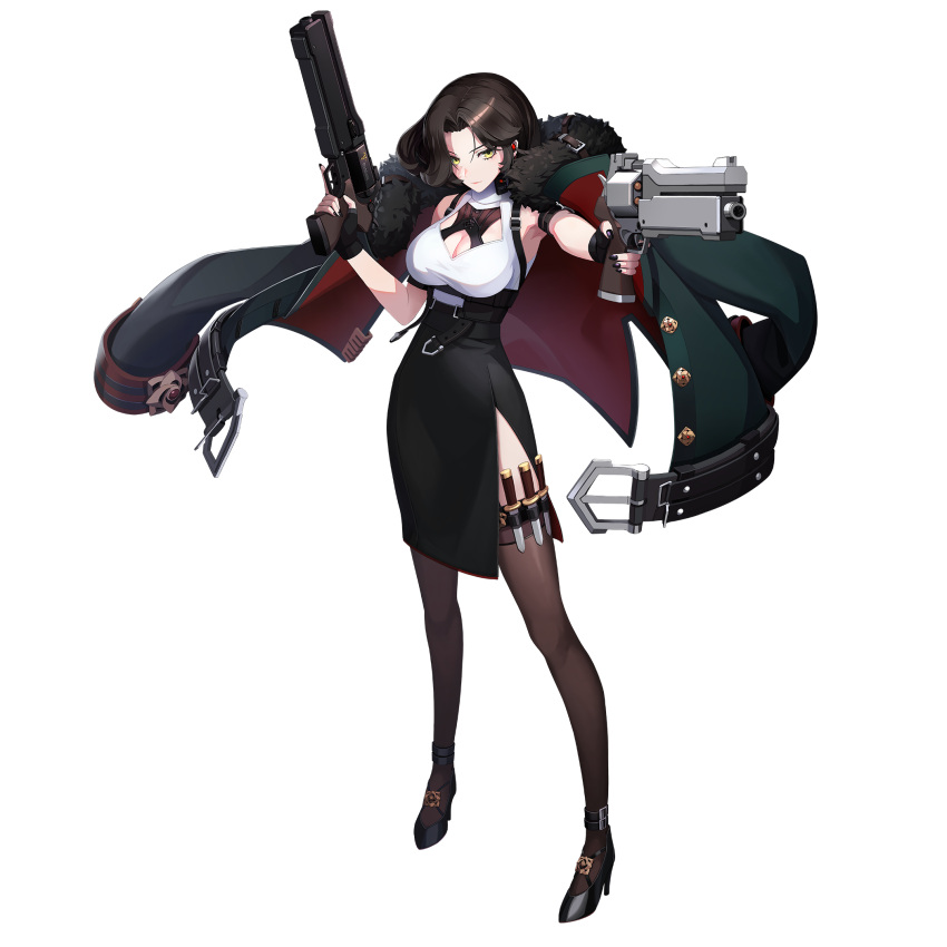 1girl armpits belt black_belt black_bra black_gloves black_hair black_nails black_skirt black_survival bra breasts buttons cape cleavage cleavage_cutout closed_mouth clothing_cutout coat coat_on_shoulders dual_wielding eternal_return:_black_survival fingerless_gloves full_body fur_collar gloves green_eyes gun hands_up high-waist_skirt high_heels highres holding holding_gun holding_weapon knife large_breasts lips lipstick looking_at_viewer makeup multicolored_clothes multicolored_coat multiple_belts nail_polish official_alternate_costume official_art revolver rozzi_(black_survival) see-through see-through_shirt shirt short_hair side_slit simple_background skirt sleeveless sleeveless_turtleneck solo standing thighhighs transparent_background turtleneck underwear weapon white_background white_shirt