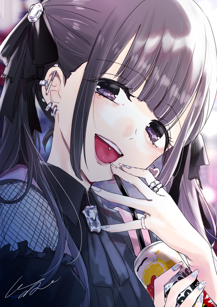 1girl :d absurdres aegyo_sal ashita_watashi_wa_dareka_no_kanojo black_hair black_ribbon blunt_bangs can drink_can ear_piercing earrings energy_drink hair_ribbon hands_up highres holding holding_can jewelry jirai_kei long_hair looking_at_viewer nail_polish open_mouth piercing pink_lips pomu_(joynet) purple_eyes ribbon ring sidelocks smile solo strong_zero takahashi_yua tongue_piercing twintails upper_body white_nails