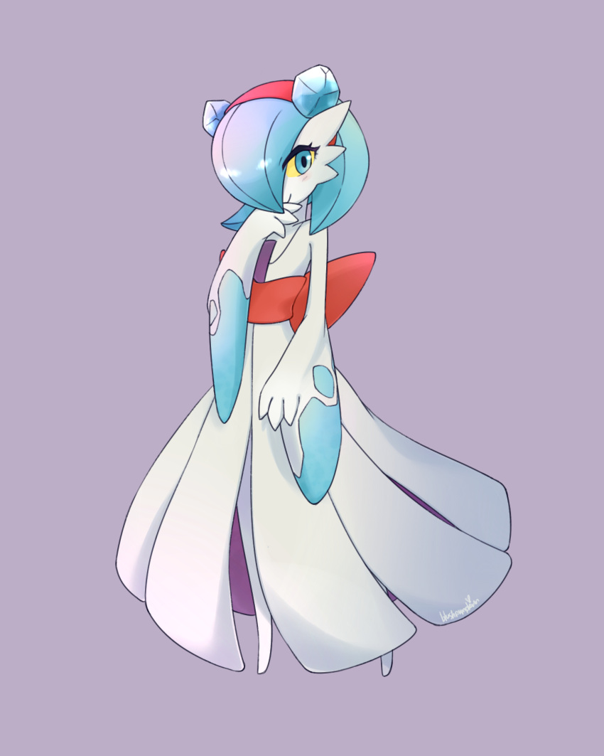 artist_name blue_eyes blue_hair blushpumpkin bob_cut colored_skin cosplay dress froslass froslass_(cosplay) fusion gardevoir hair_over_one_eye hand_on_own_chin highres ice_hair long_sleeves pokemon pokemon_(creature) purple_background simple_background smile white_dress white_skin