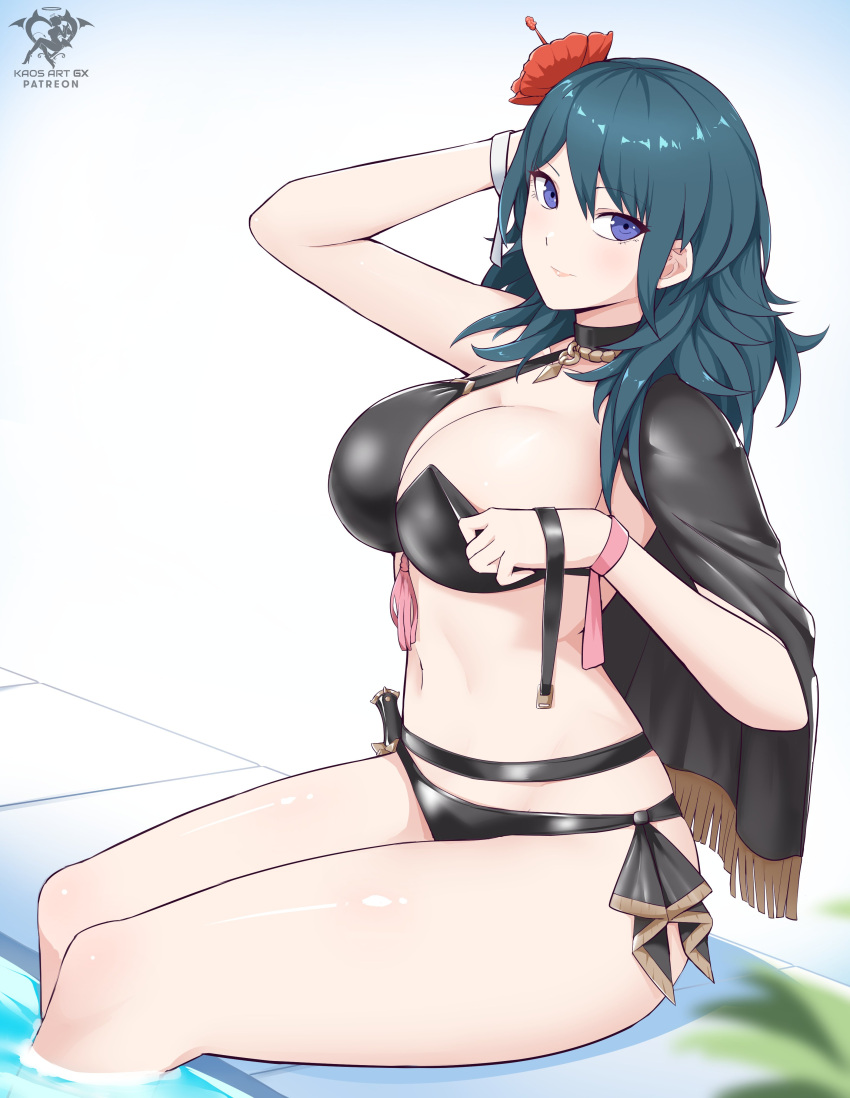 1girl absurdres artist_logo artist_name bikini black_bikini black_cape blue_hair breasts byleth_(female)_(fire_emblem) byleth_(female)_(summer)_(fire_emblem) byleth_(fire_emblem) cape cleavage commentary english_commentary feet_out_of_frame fire_emblem fire_emblem:_three_houses fire_emblem_heroes flower hair_flower hair_ornament hibiscus highres kaos_art knife large_breasts lips long_hair looking_at_viewer navel official_alternate_costume patreon_username pink_lips pool purple_eyes red_flower sitting smile soaking_feet solo swimsuit thighs undressing water