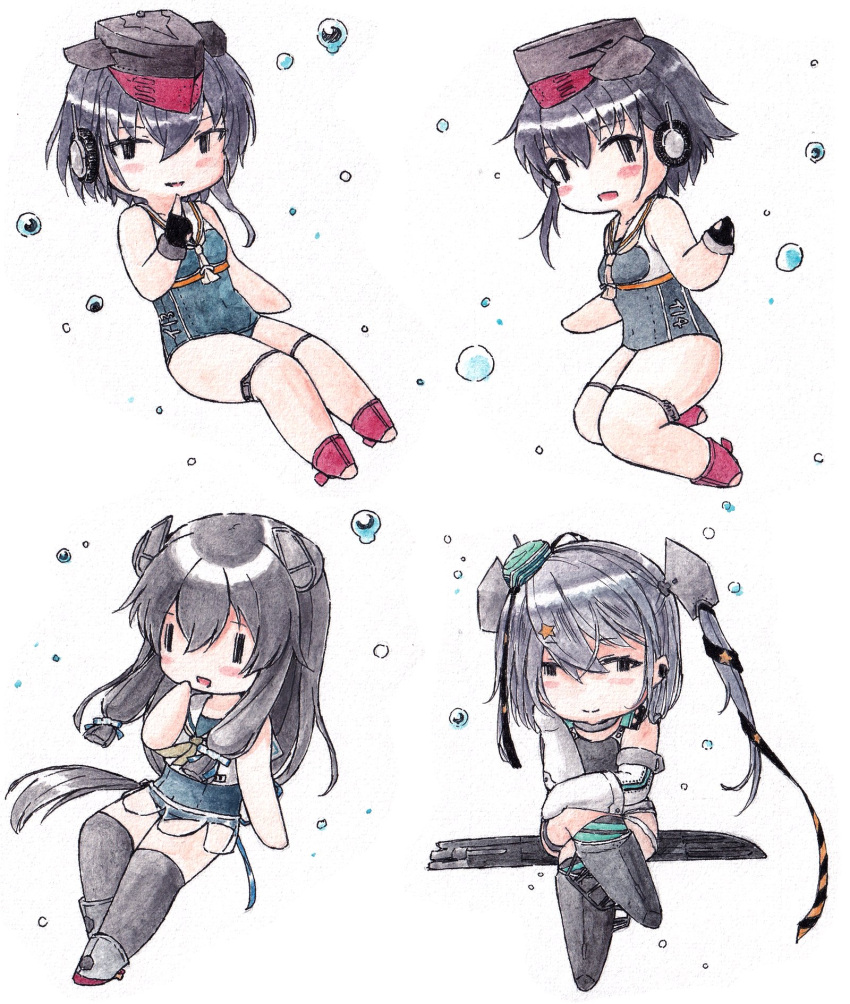 4girls black_hair black_one-piece_swimsuit black_thighhighs blue_one-piece_swimsuit bubble chibi closed_mouth crossed_legs elbow_gloves garrison_cap gloves hair_between_eyes hair_ornament hair_ribbon hat headgear headphones highres i-13_(kancolle) i-14_(kancolle) i-47_(kancolle) kantai_collection long_hair multiple_girls one-piece_swimsuit open_mouth poipoi_purin ribbon sailor_collar scamp_(kancolle) see-through see-through_skirt simple_background skirt star_(symbol) star_hair_ornament swimsuit thighhighs very_long_hair white_background