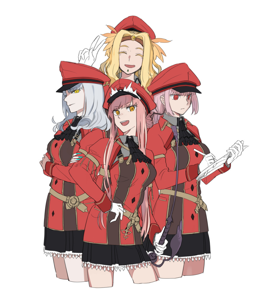 4girls alternate_costume ascot black_ascot black_skirt blonde_hair carmilla_(fate) closed_eyes coat cropped_legs crossed_arms fake_nails fate/grand_order fate_(series) florence_nightingale_(fate) gloves hat highres long_hair long_sleeves medb_(fate) medium_hair multiple_girls parted_bangs peaked_cap pink_hair quetzalcoatl_(fate) red_coat red_eyes red_hat riding_crop shironojiro skirt teeth upper_teeth_only v white_gloves white_hair writing yellow_eyes