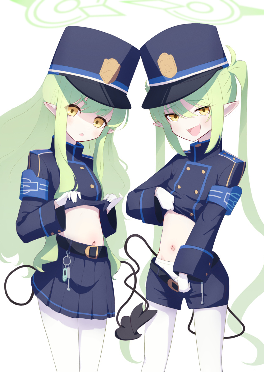 2girls absurdres belt black_belt black_hat black_shirt black_shorts black_skirt black_tail blue_archive buttons fang green_hair green_halo halo hat highlander_sidelocks_conductor_(blue_archive) highlander_twintails_conductor_(blue_archive) highres long_hair makolas97 multiple_girls open_mouth pantyhose peaked_cap pleated_skirt pointy_ears shirt shorts simple_background skin_fang skirt smile white_background white_pantyhose yellow_eyes