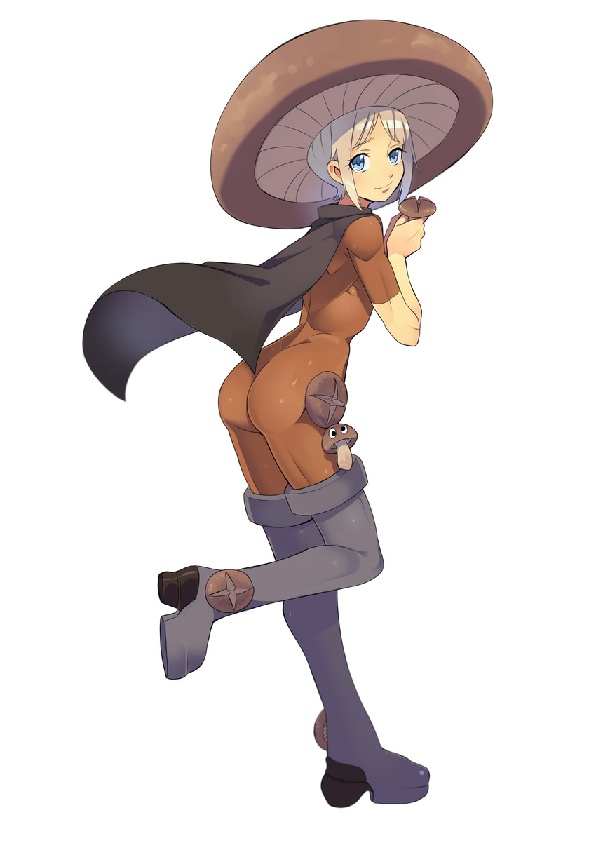 blue_eyes boots cape hat highres looking_at_viewer male_focus mushroom original otoko_no_ko rumo short_hair silver_hair smile solo thigh_boots thighhighs