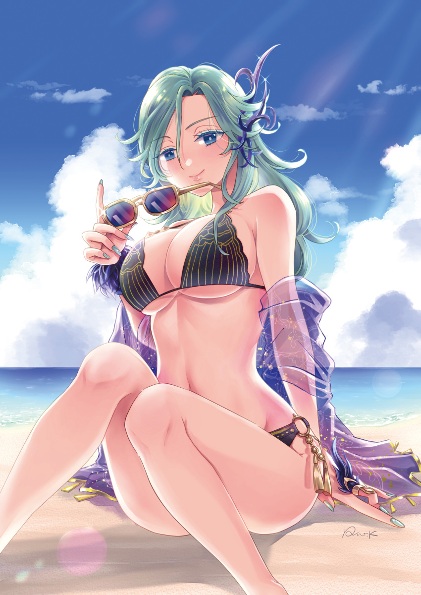 1girl aqua_eyeshadow aqua_hair aqua_nails arm_support beach bikini black_bikini blue-tinted_eyewear blue_eyes blue_shawl blue_sky breasts bright_pupils cleavage closed_mouth cloud cloudy_sky colored_eyelashes commentary_request day eyeshadow feet_out_of_frame fingernails flipped_hair glint gold_trim hair_between_eyes hair_ornament highres holding holding_removed_eyewear horizon index_finger_raised jewelry kageshitario knees_up large_breasts lens_flare light_rays long_fingernails long_hair looking_at_viewer makeup nail_polish navel o-ring o-ring_bikini o-ring_bottom ocean on_ground outdoors parted_bangs print_shawl red-tinted_eyewear ring romancing_saga_3 saga see-through see-through_shawl shadow shawl sideboob signature single_sidelock sitting sky smile solo sunbeam sunglasses sunlight swept_bangs swimsuit tassel thighs tinted_eyewear underboob undine_(romancing_saga) unworn_eyewear water wavy_hair wide_hips yellow-framed_eyewear yellow_tassel